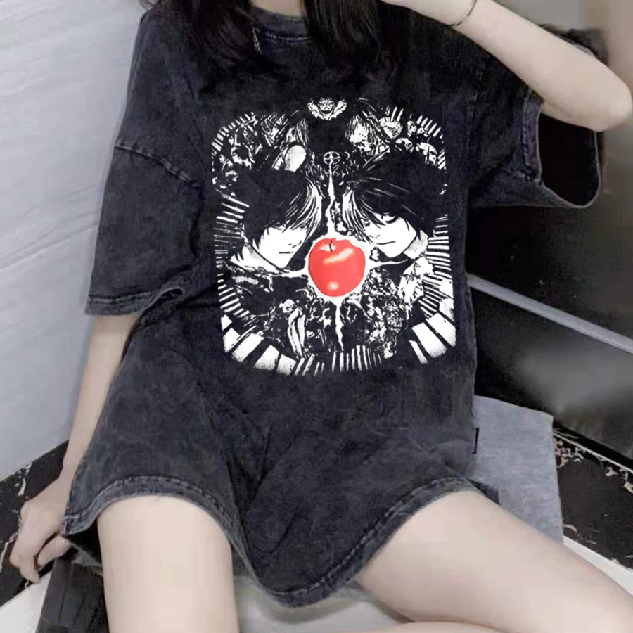 Funny Summer Women T Shirt Anime Death Note Oversized T Shirt Unisex Harajuku Style Vintage Washed Tshirts Streetwear Y2k Tops