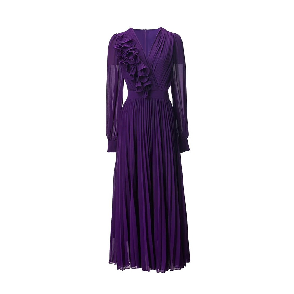 

Meyyithun Women's Dress Purple high-end Light luxury Georgette V-neck Three-dimensional Flower Pleated Long Dress banquet