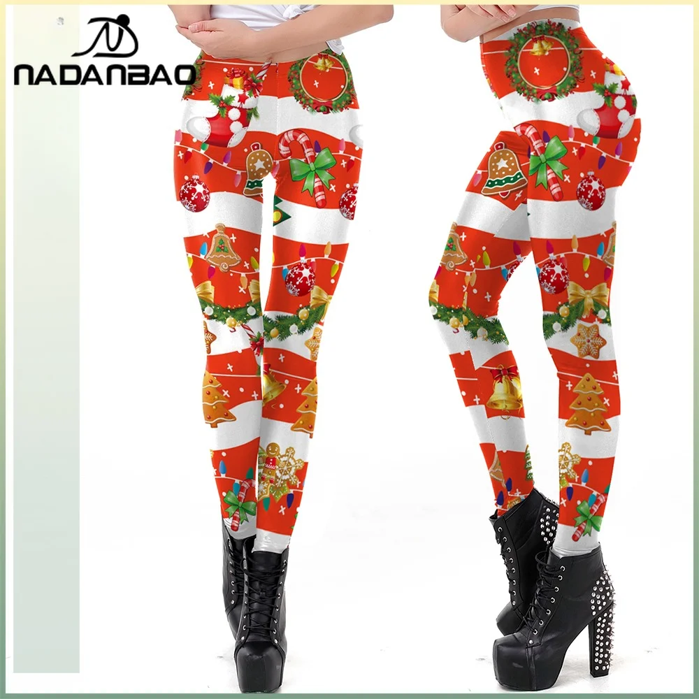 

Рождественские носки Nadanbao, леггинсы с графикой колокольчика, оранжевые, белые рождественские брюки для женщин, спортивные штаны для фитнеса, летняя модная уличная одежда