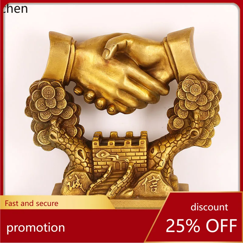 

Cz chinese-style integrity & win-win brass handshake ornament - premium business gift for office desktop decoration