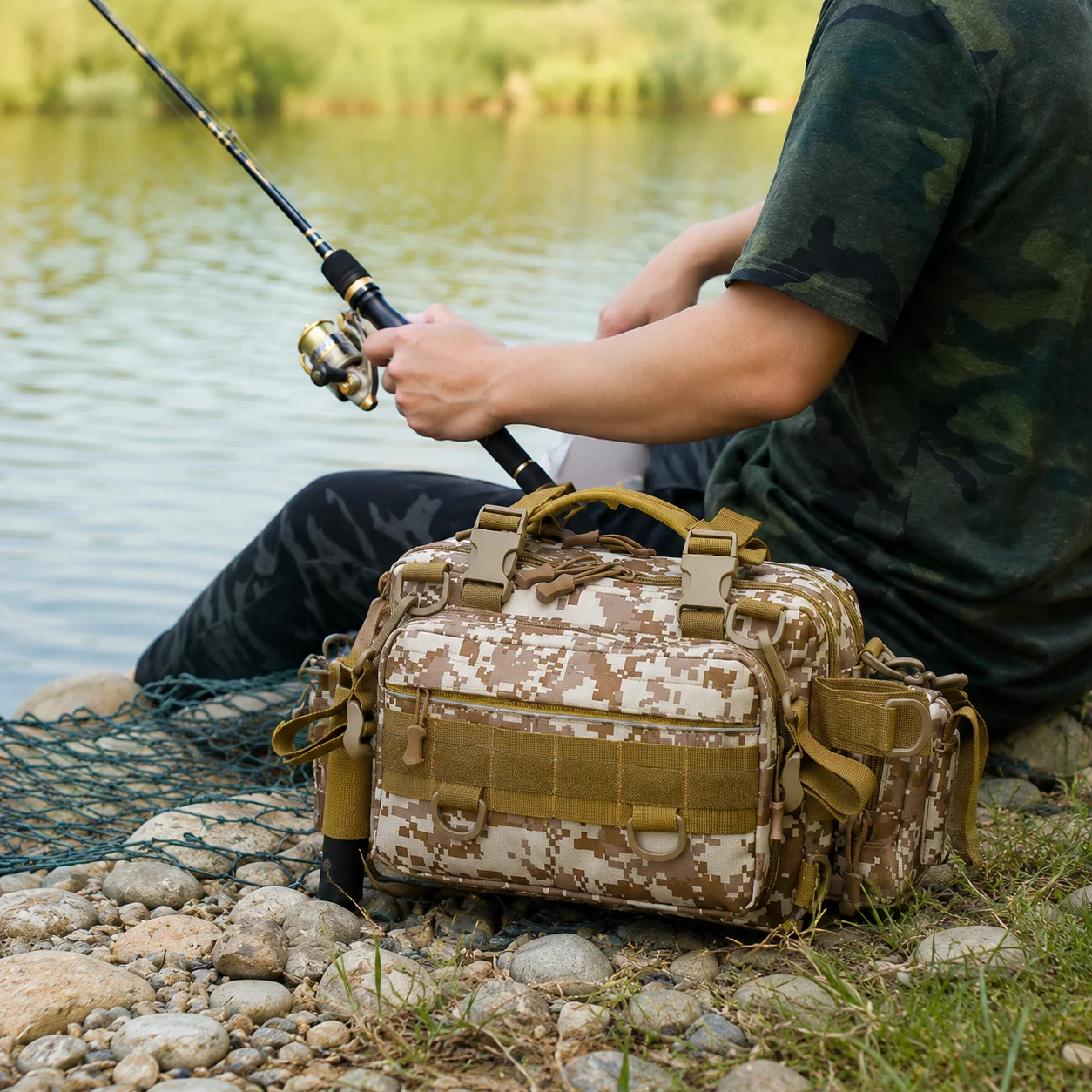 Fishing Rod Tackle Sling Bag for Men Large Capacity Nylon Tactical Camo Crossbody Handbag for Outdoor Travel Hiking Lure Fishing