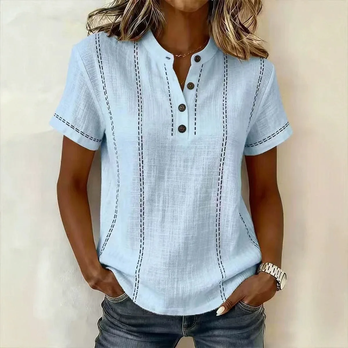 Summer Loose Leisure Best-selling Printed Button Stand-up Collar Short-sleeve Women's Shirt