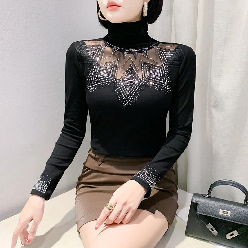 2024 Autumn Winter Long Sleeve Bottoming T shirt New High Collar Diamond Tees Patchwrok Black Sexy Women Tops