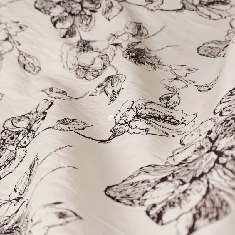 Thin slightly translucent beige base ink-style printed cotton and linen blended fabric for shirts skirts trousers 4