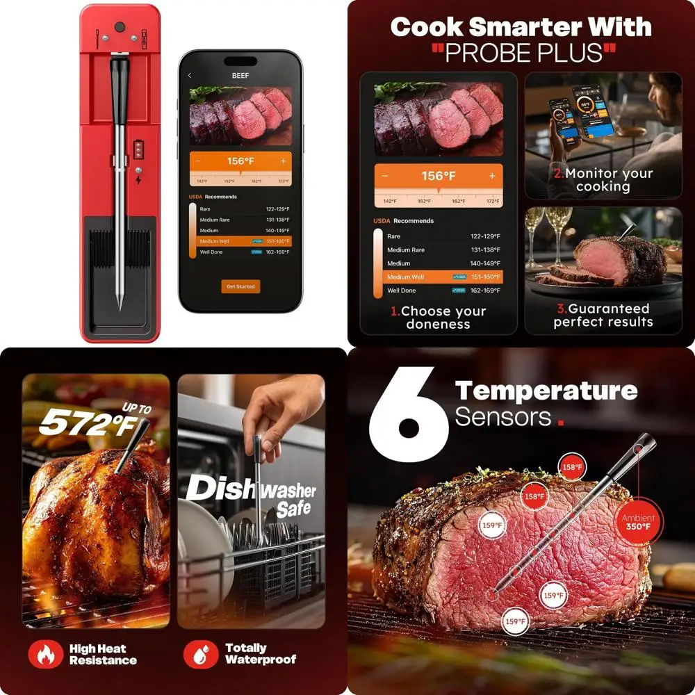

Беспроводной термометр для мяса с ультратонким зондом, 6-сенсорный цифровой пищевой термометр с мгновенным считыванием, водонепроницаемый для приготовления пищи красного цвета