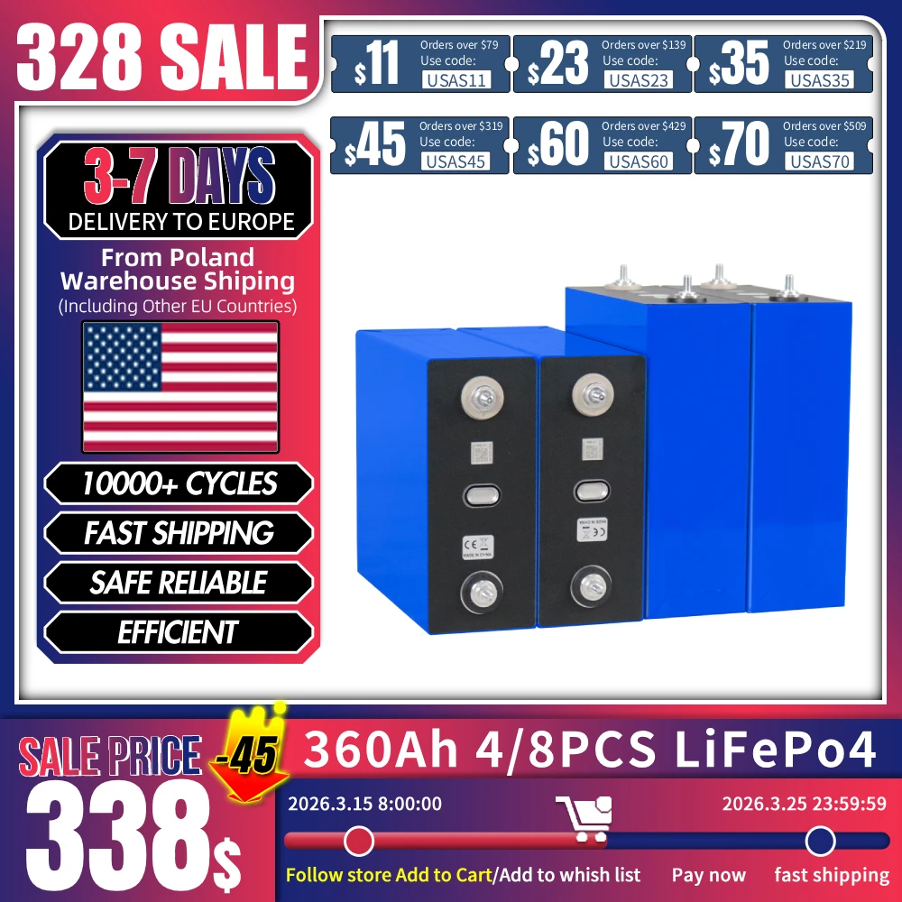 

US STOCK New 3.2V 360Ah LiFePO4 Rechargeable Battery DIY 12V 24V 48V for RV EV Boat Golf Solar Energy Camping Grade A Solar Cell