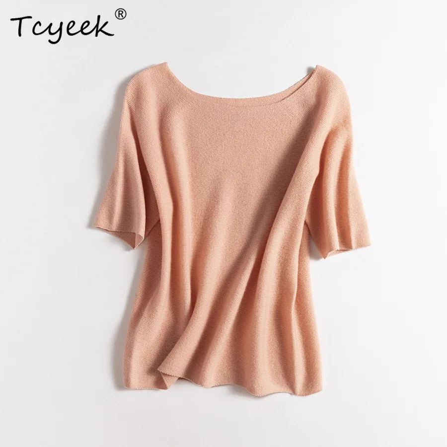 

Tcyeek 100%Merino Wool Elegant Sweater, Women Slash Neck Half Sleeve, Basics Bottom Sleamless Top, 2024 Summer Autumn T46504QM
