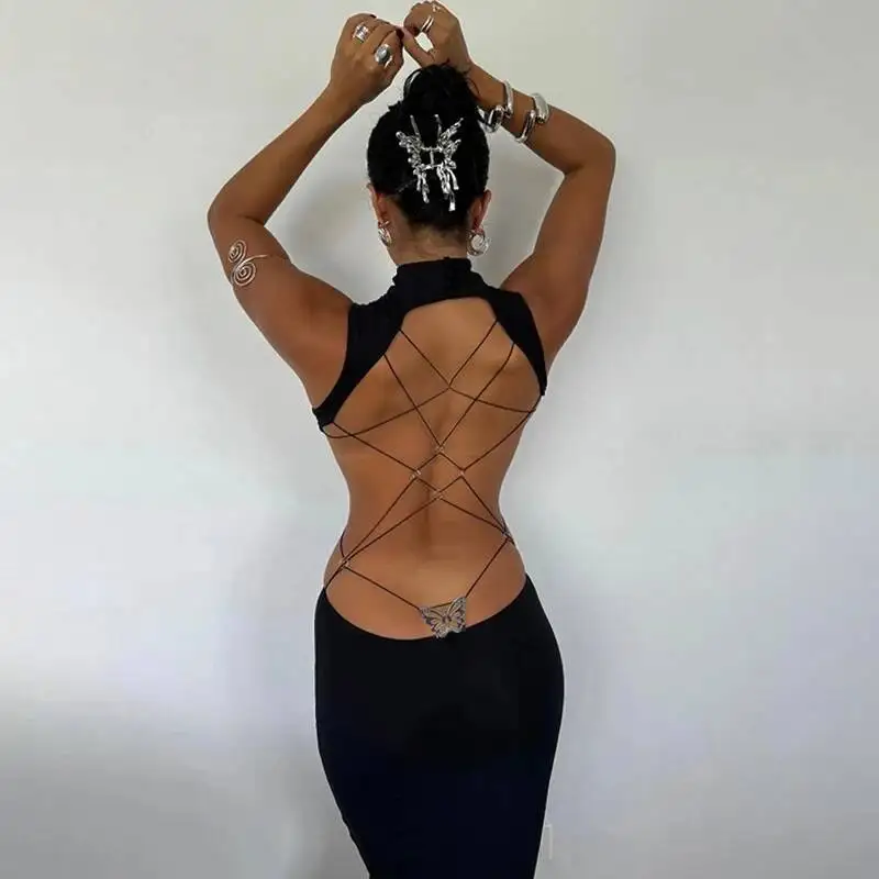 

Gtpdpllt Butterfly Hollow Backless Sleeveless Long Dresses Sexy Birthday Outfit Party Night Club Black Bodycon Women's Dress