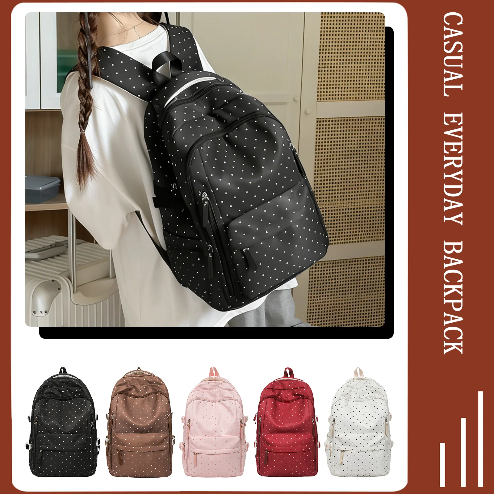 Cute Polka Dot Travel Backpack Large Capacity Lightweight for Female Elementary & Middle