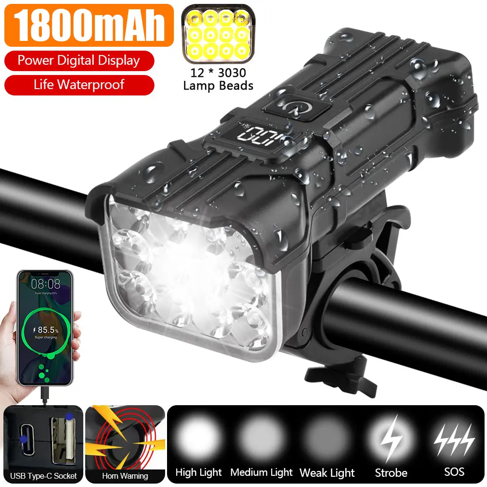 12LED Bicycle Headlight with 140db Horn Digital Battery Indicator MTB Bike Lamp 1800mAh USB Rechargeable Cycling Headlamp