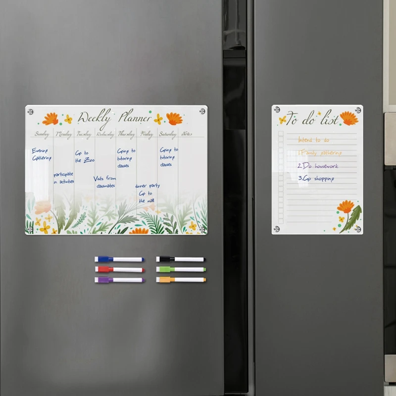 Tablero de notas de calendario planificador semanal acrílico magnético para refrigerador-escritura borrable