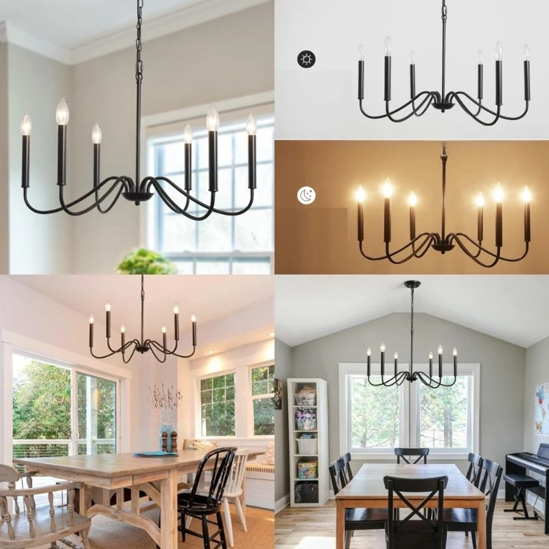 Rustic Industrial Chandelier Iron Pendant Light for Dining Room Living Room Vintage Candle Style Ceiling Lamp Modern Farmhouse