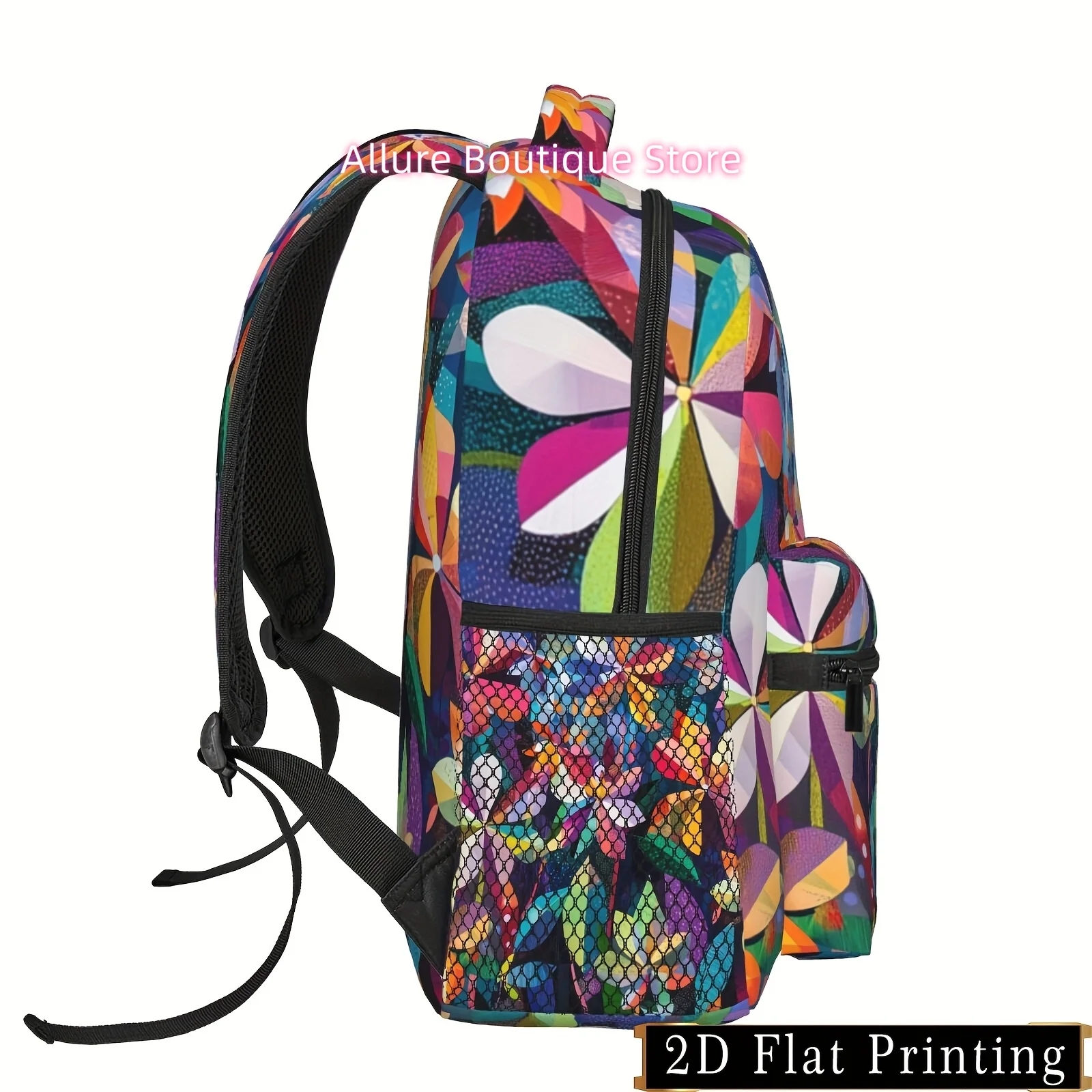 A Vibrant, Printed Backpack for Young Students, Adorned with a Colorful Windmill Flower Design. It Boasts a Spacious Interior An