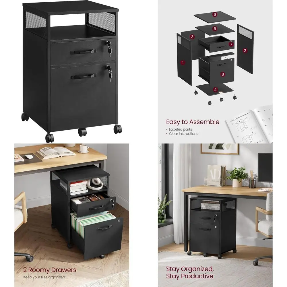 

Мобильный картотечный шкаф черного цвета с 2 запирающимися ящиками, открытой полкой, подходит для форматов A4/Letter, для подвесных папок