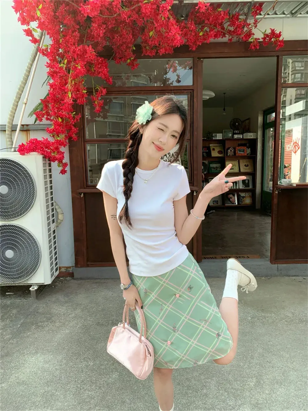 Korean Floral Embroidery Summer Green Skirts Woman Vintage Plaid Casual High Waist Y2k Harajuku Retro Chic Fashion A-line Skirt