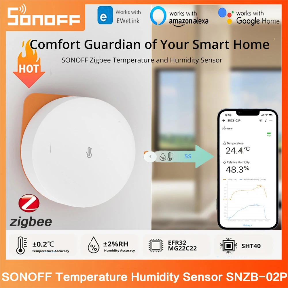 SONOFF Zigbee Temperature Humidity Sensor SNZB-02P High-Accurate Monitor For Smart Home With EWeLink Work With Alexa Google