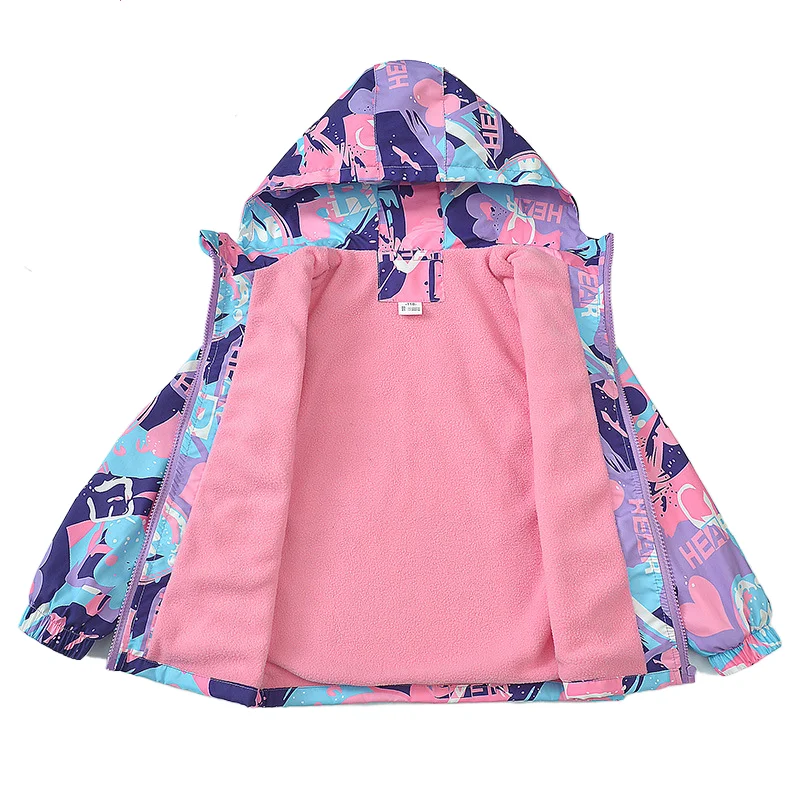 Girls Waterproof Fleece Lined Printed Hooded Zip Hiking Jackets School Kids Outfit Windbreaker Children Track Coat Tops 3-14Yr