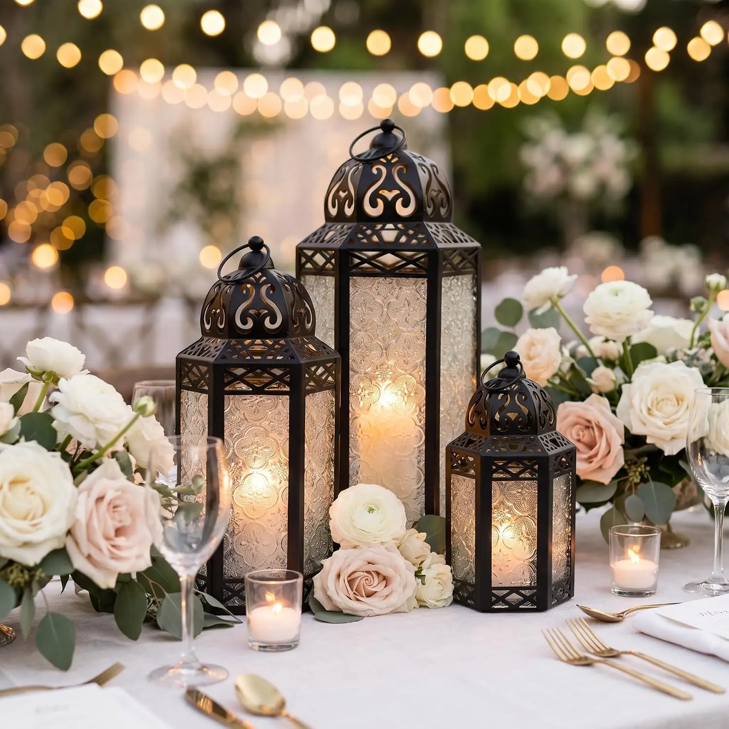 Set of 3 Clear Glass & Black Metal Moroccan Candle Lantern Holders (XL, Large, Small) - Decorative Indoor/Outdoor Decor