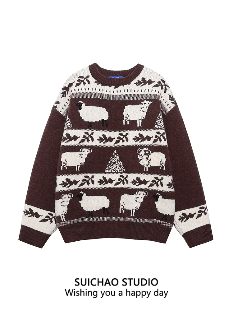 

Мужской свитер Suichao в американском ретро-стиле с узором Fair Isle, осенний, для кампуса, свободный, повседневный, вязаный, мягкий, с длинными рукавами