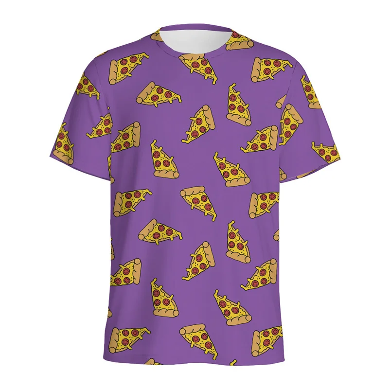 Camiseta psicodélica fofa masculina com padrão de pizza, impressa em 3D, desenhos animados, camiseta com gola redonda, tops soltos de manga curta, verão