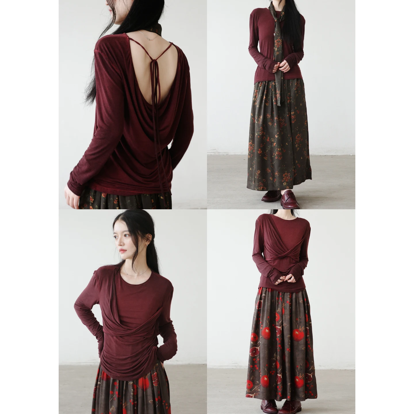 

Vintage Sle Knitted Modal Long Sve Bal T-irt Women's Casual Loose Fit Top with Knot Detail Boting irt