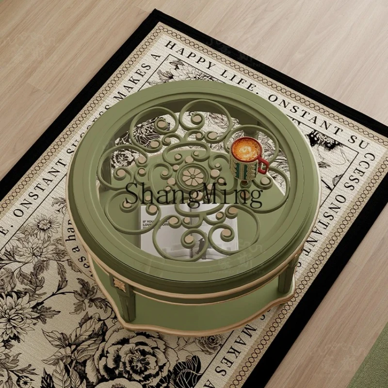 

SM new round coffee table solid wood glass tea table simple living room household sofa edge round low table
