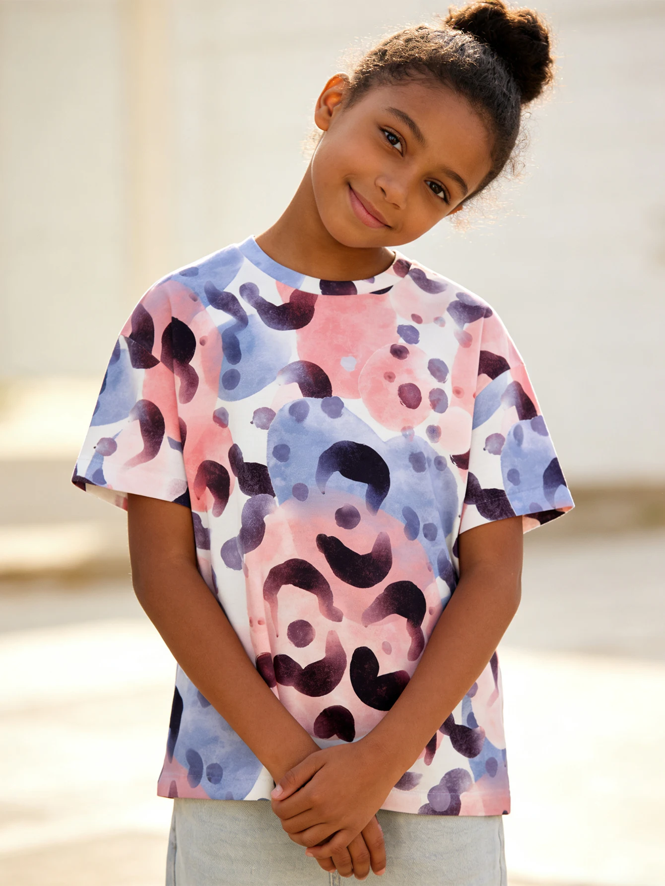 

2026 Girls Sweet Cool Pink and Blue Watercolor Leopard Print Short Sleeve T-Shirt