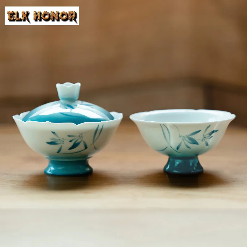 

75 мл ручная работа бабочка орхидея гавань градиент синий чайная варенья чайная чаша с крышкой чайник крышка чаша чайные услуги украшения