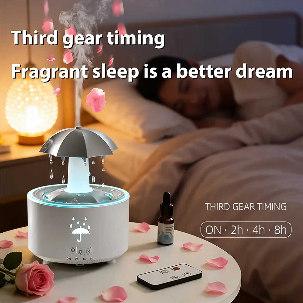ناشر رائحة قطرة المطر المقلد الجديد الدوار لعام 2025 مع أضواء محيطة بـ 7 ألوان، و3 إعدادات للمؤقت، ومرطب هواء هادئ