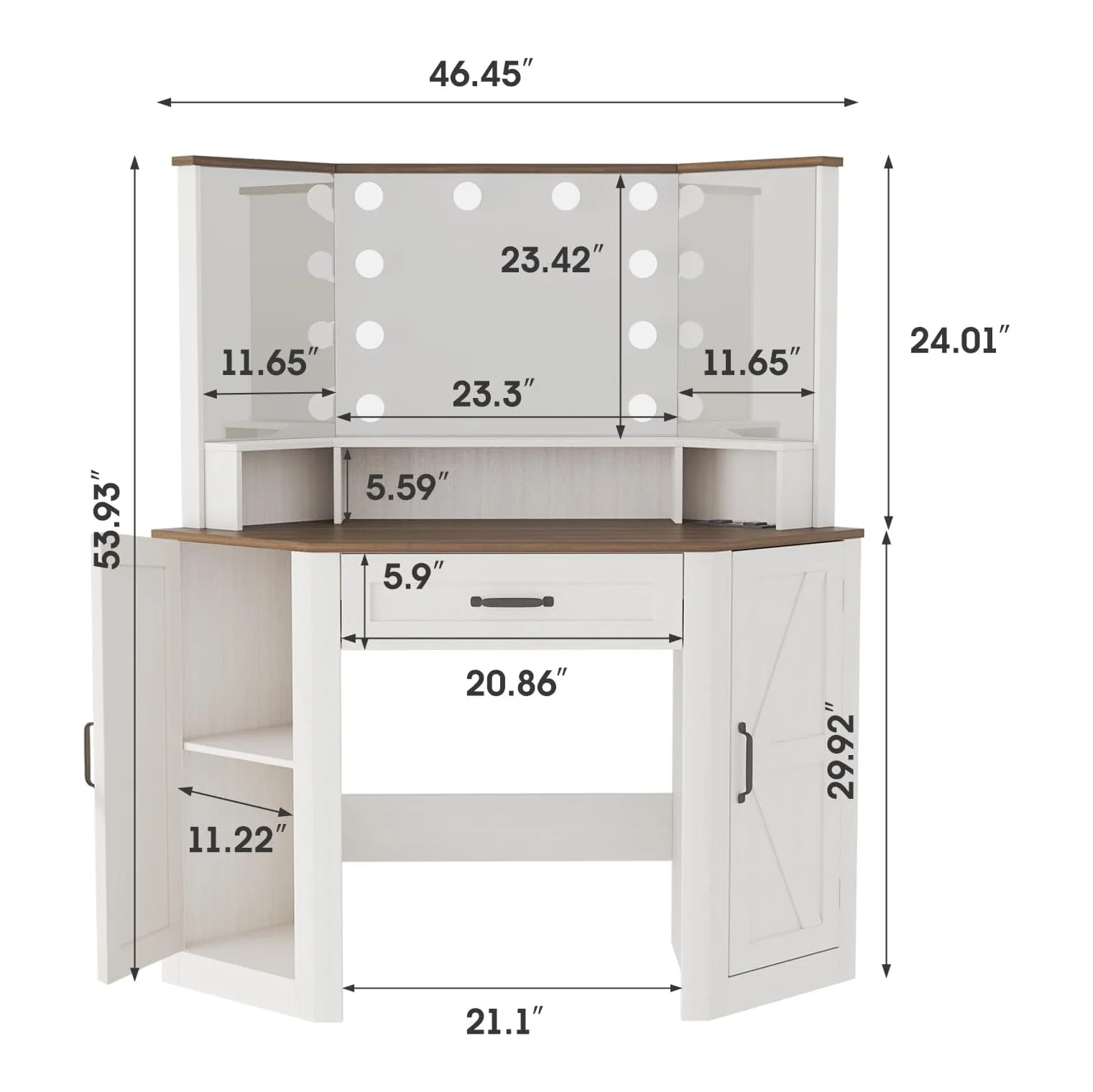 Corner Dresser with LED Mirror Power Socket Drawer Makeup Desk Bedroom Storage Desk