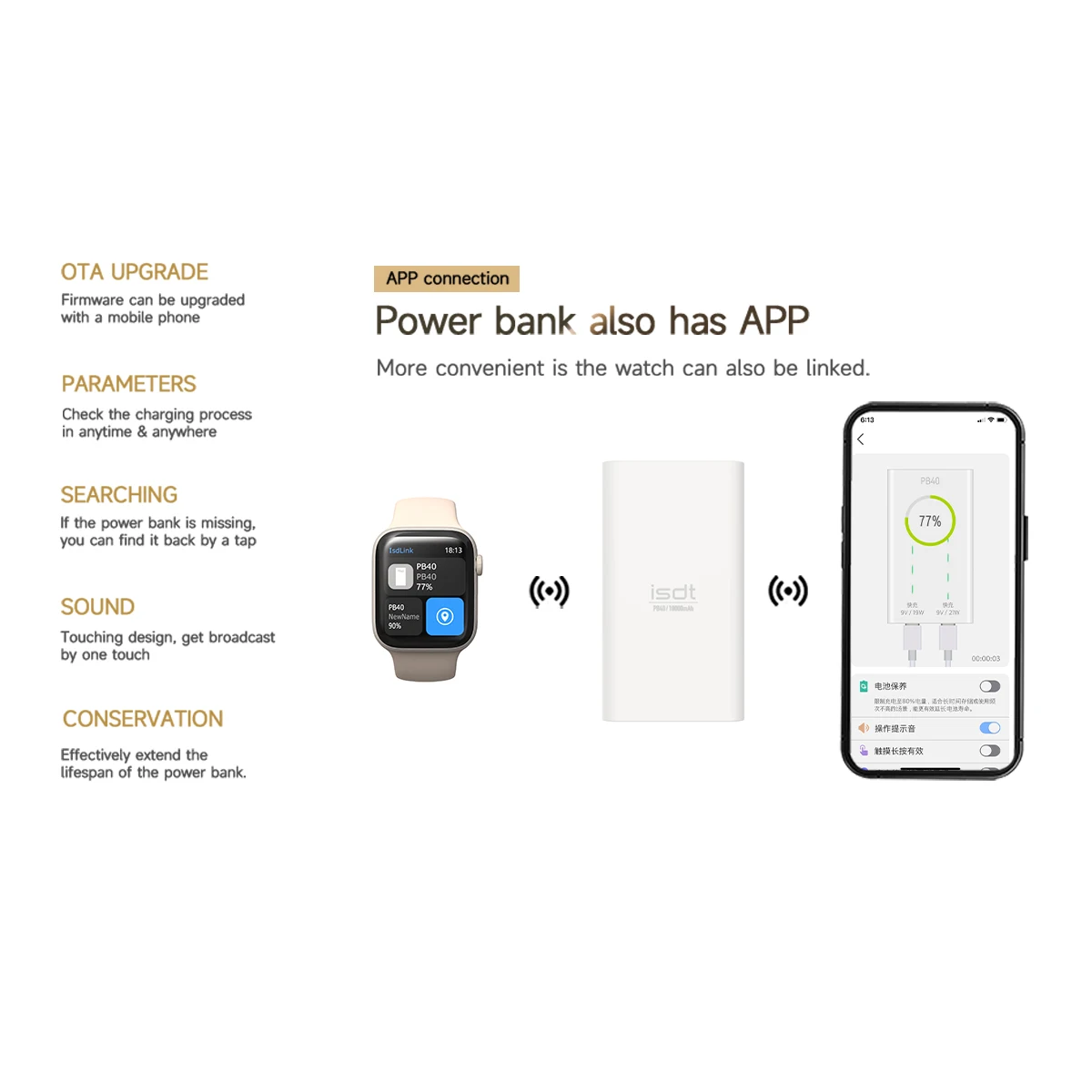 ISDT-cargador portátil PB40, batería externa de 10000mAh, Max, 36W, USB-C Dual, carga rápida para iPhone 14, 13, 11, iWatch, Samsung S20