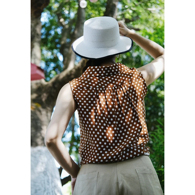 

Ретро-топ из медно-аммиачного шелка в карамельный горошек с воротником-стойкой, летняя верхняя одежда для женщин, модный стиль для прогулок