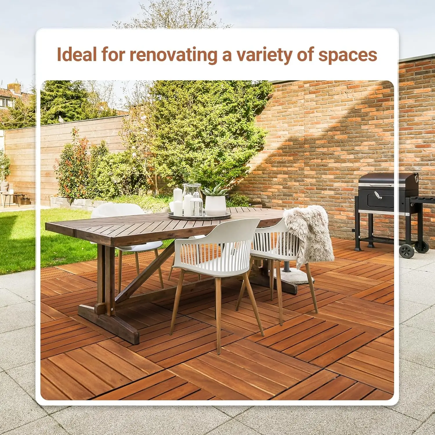 54 Pcs Premium Hardwood Interlocking Deck Tiles 12"" X 12"", Durable And Waterproof All-Weather, Striped Pattern, Golden Teak