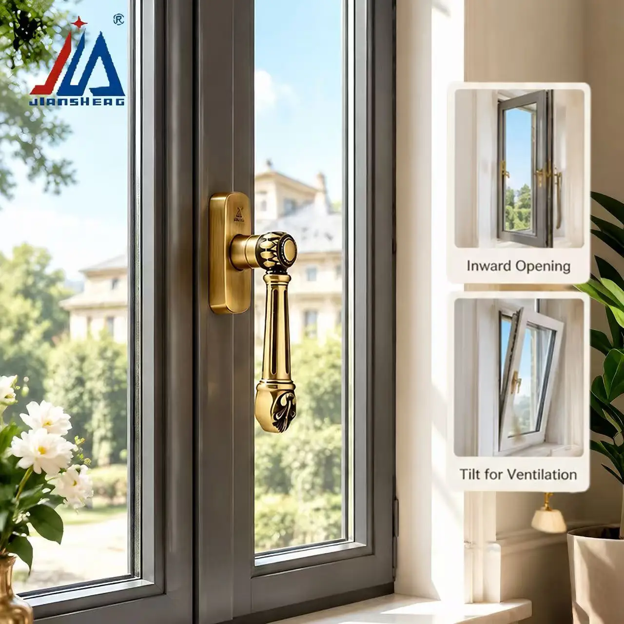 Solid Brass Locking Window Handle for Aluminum Casement and Tilt & Turn Windows, Vintage Luxury Lever for Villa Renovation