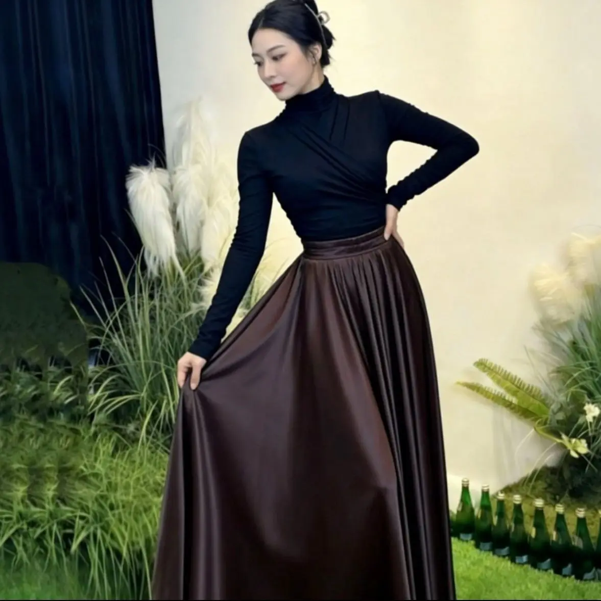 Brilhante café cetim seda sexy feminino saia de cintura alta elegante plissado solto calças compridas