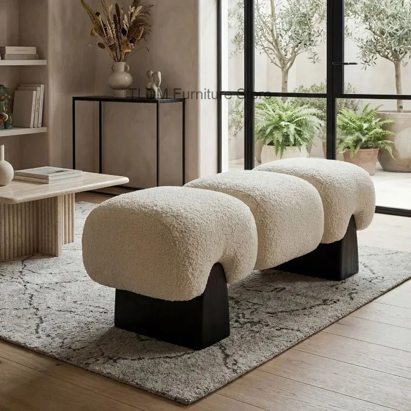 Nordic Cream Bench, Chunky Solid Wood Support Accent Bench, Cute Curved Padded Shoe Changing Stool for Home Cafe Decor