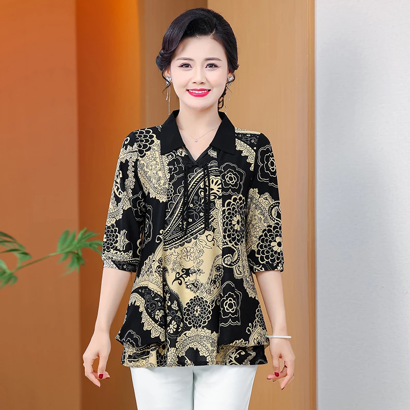 Women\'s Classical Lapel Top 2024 Summer Short Sleeved Plus Size Shirt Classical European Style New Casual Top Summer Clothing