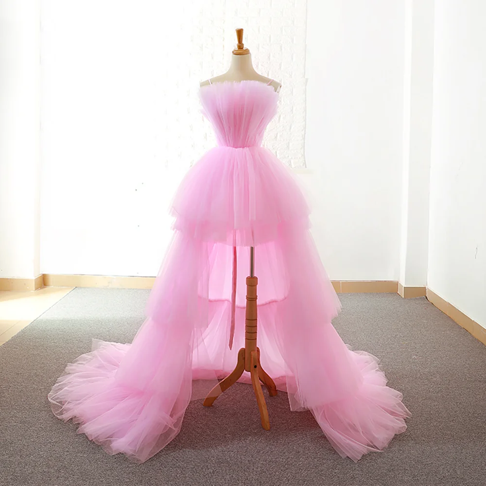 Vestido de fiesta de graduación rosa, Vestido corto con tirantes finos en la parte delantera y trasera, vestido de noche con cola de barrido, 2022