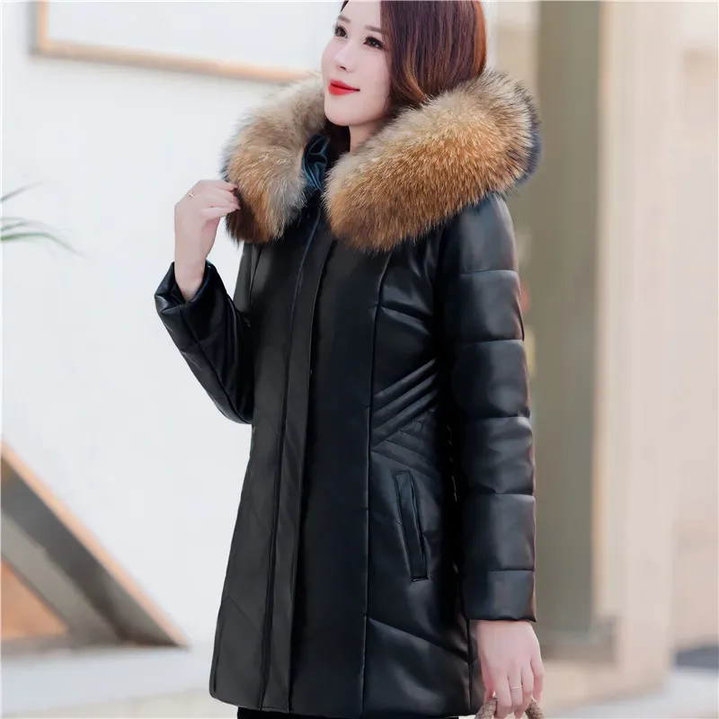 Winter New Leather Down Cotton-Padded Jacket Women Overcoat Mid-length Thicke Warm Parka Fur collar Hooded Leather Cotton Jacket