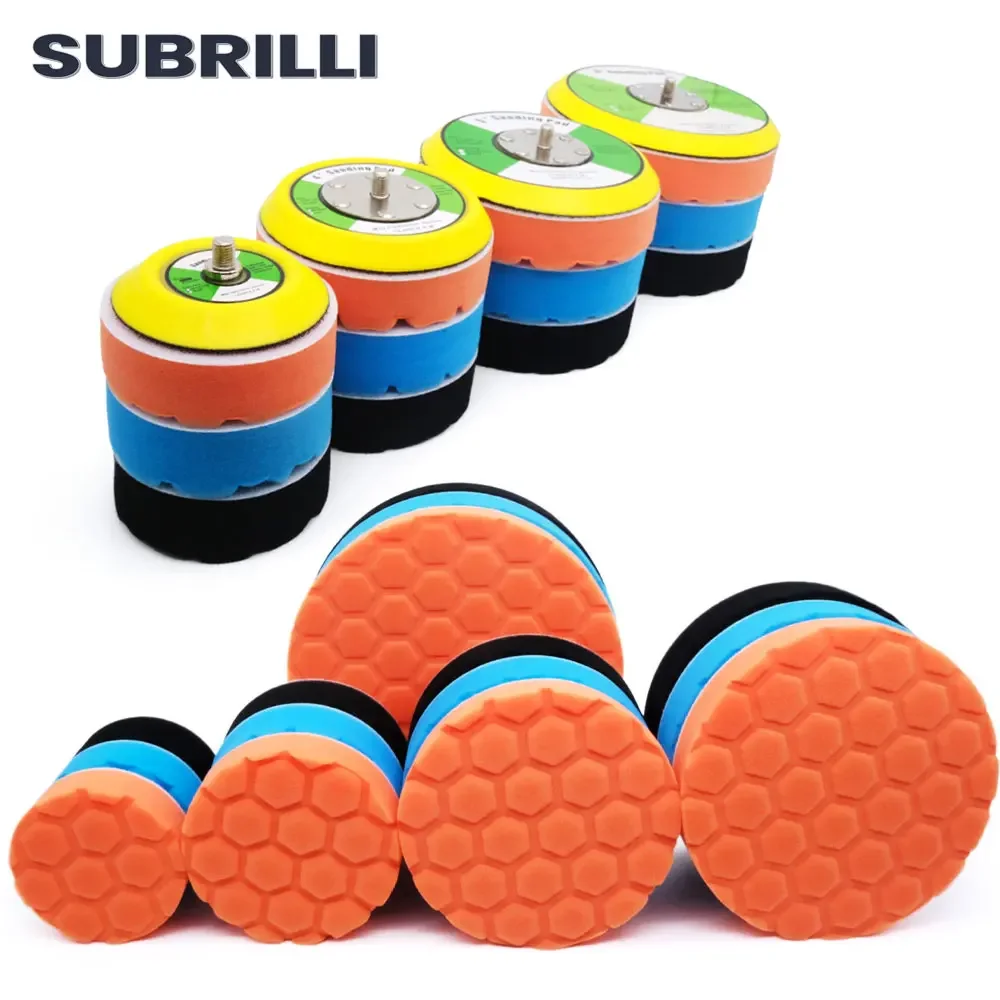 SUBRILLI 3/4/5/6/7 นิ้วรถผลิตภัณฑ์ขัดแว็กซ์ฟองน้ําล้อขัด Buffing Disc ชุด Backer วาง 5/16 "-24 T