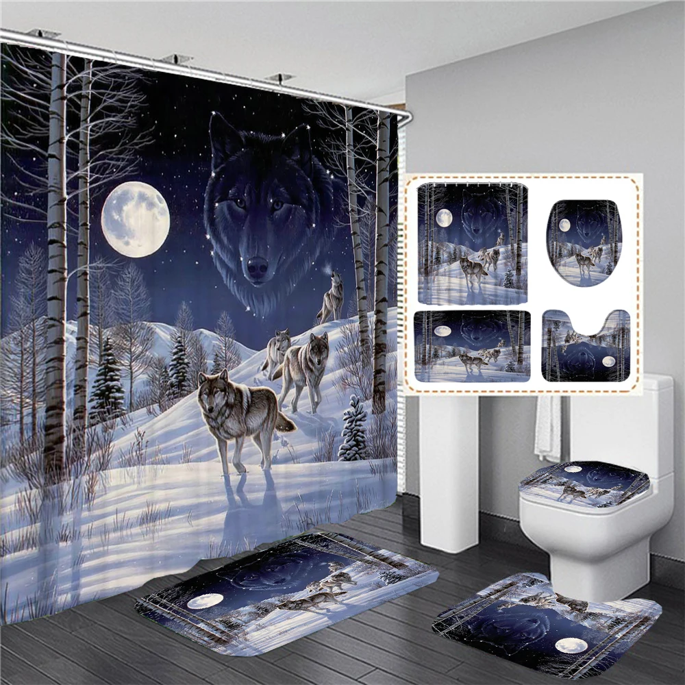 Juego de cortina de ducha de Animal Lobo, cubierta de asiento de inodoro, accesorio de baño, alfombra antideslizante, alfombras, cortinas de bañera impermeables