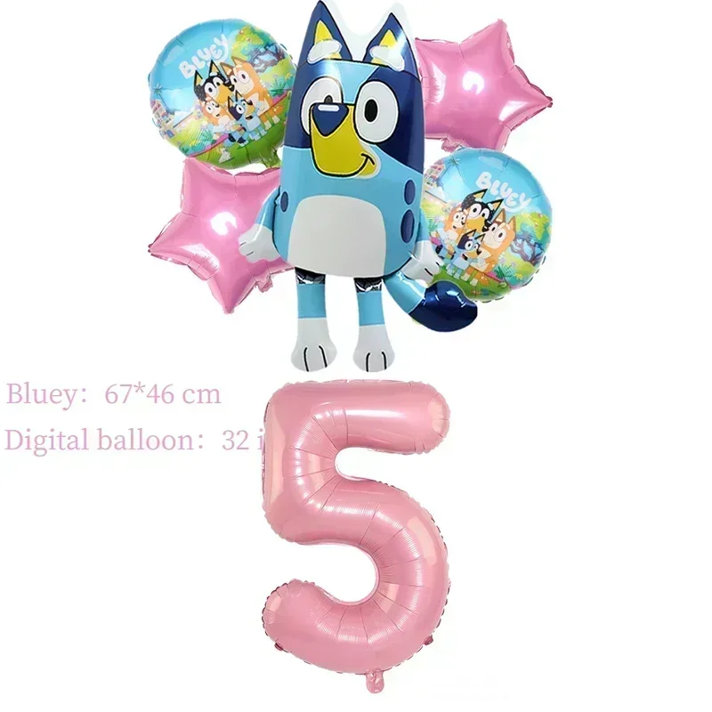 6pcs Bluey Girl\'s birthday Balloon Set Aluminum Film 32in Number Balloon Birthday Party Decor Layout Background