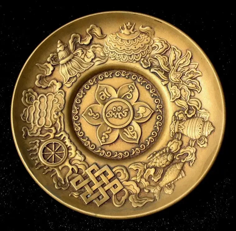 Collection Chinese Brass Carved Buddhism lucky Plate Dish Exquisite Small Statues