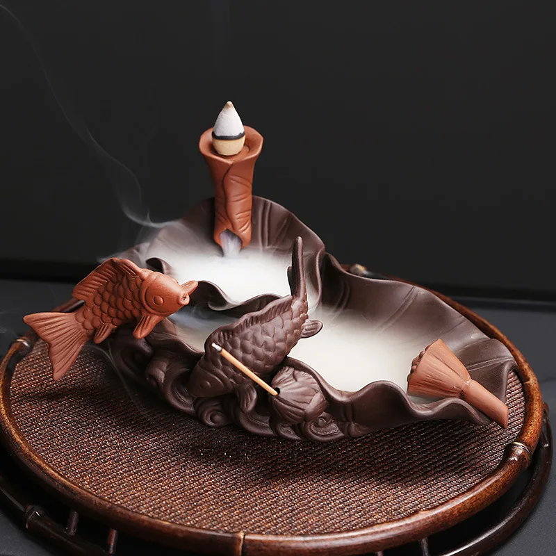 

Fishes Incense Holders Ceramic Backflow Incense Burner Purple Clay Smoke Cone Sticks Holder Incense Fountain With 20 Cones