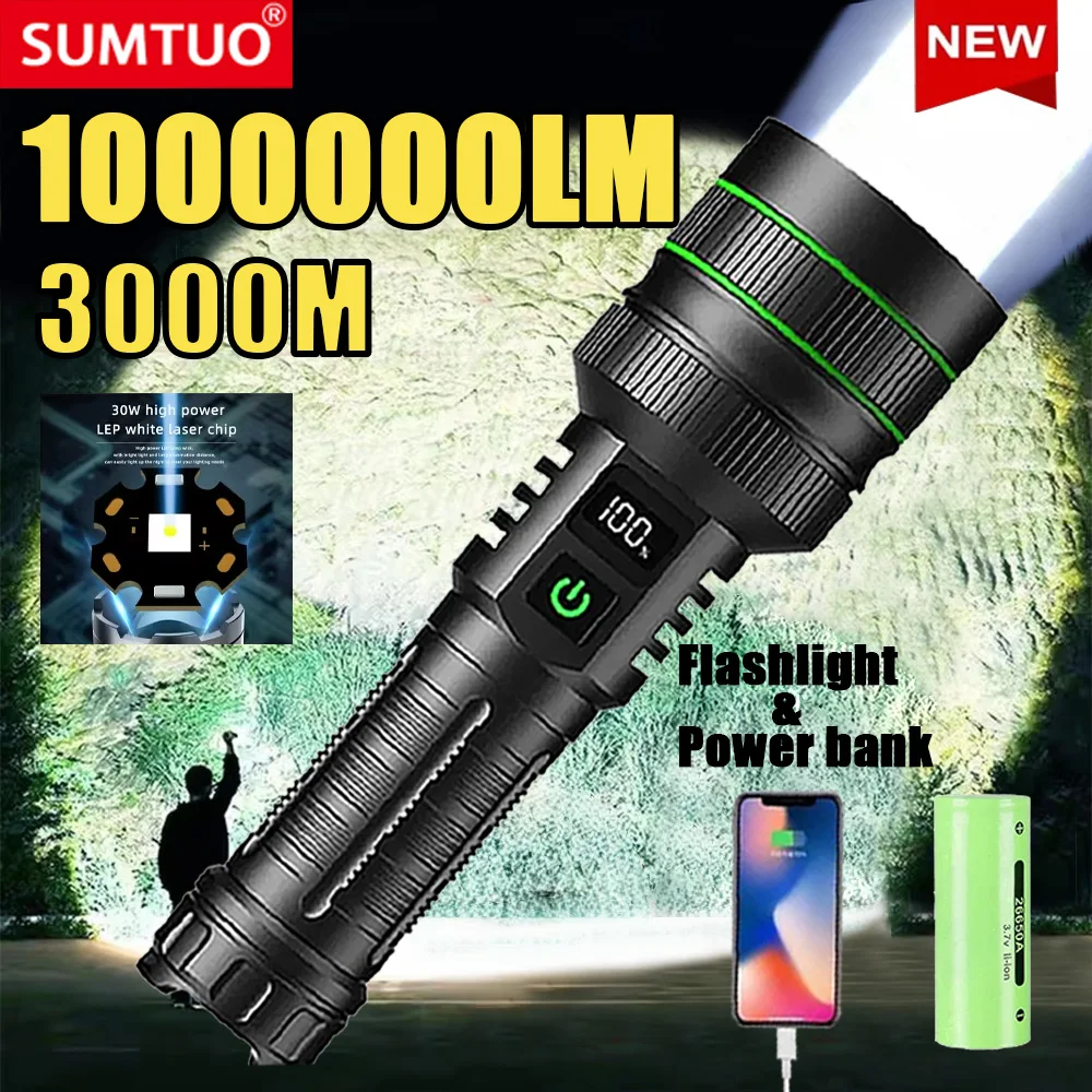 

1000000LM Ultra Powerful Flashlight Zoom 5000M Long Range Torch High Power Led Flashlights Rechargeable Strong Tactical Lantern