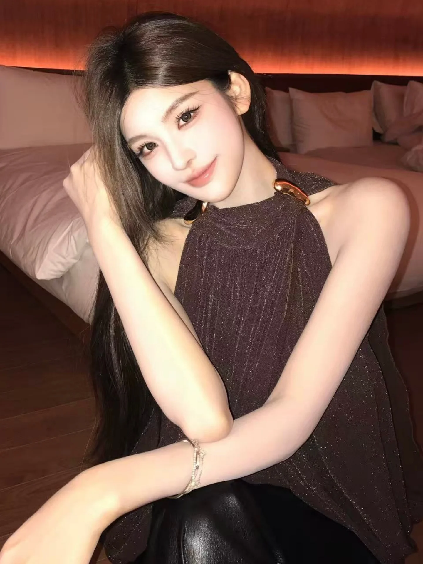 Summer Outfit Glitter Strapless Vest Women's Fashion Design Sensual Style Polyester Fiber Short Length Bright Thread Detail