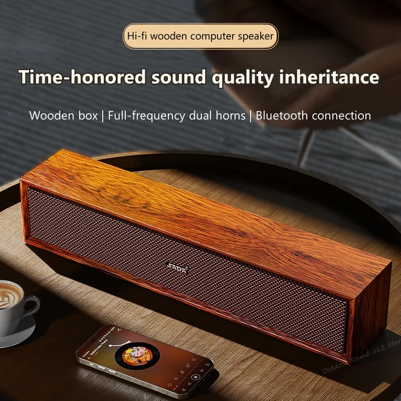 

2024 New Style Indoor Wooden Stereo Surround Soundbar Wireless Blue Tooth Portable Speakers Desktop Retro Computer Soundbox