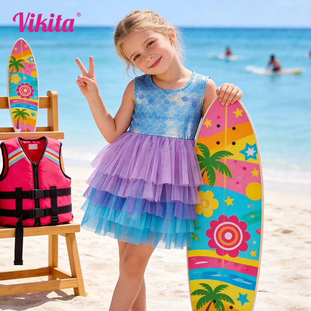 VIKITA Mädchen-Kleid mit Meerjungfrauenschuppen, gestuftes Tüllkleid, ärmellos, blauer Farbverlauf, mehrlagiges Kuchen-Tutu-Kleid, Kinder-Ballkleid aus Polyester
