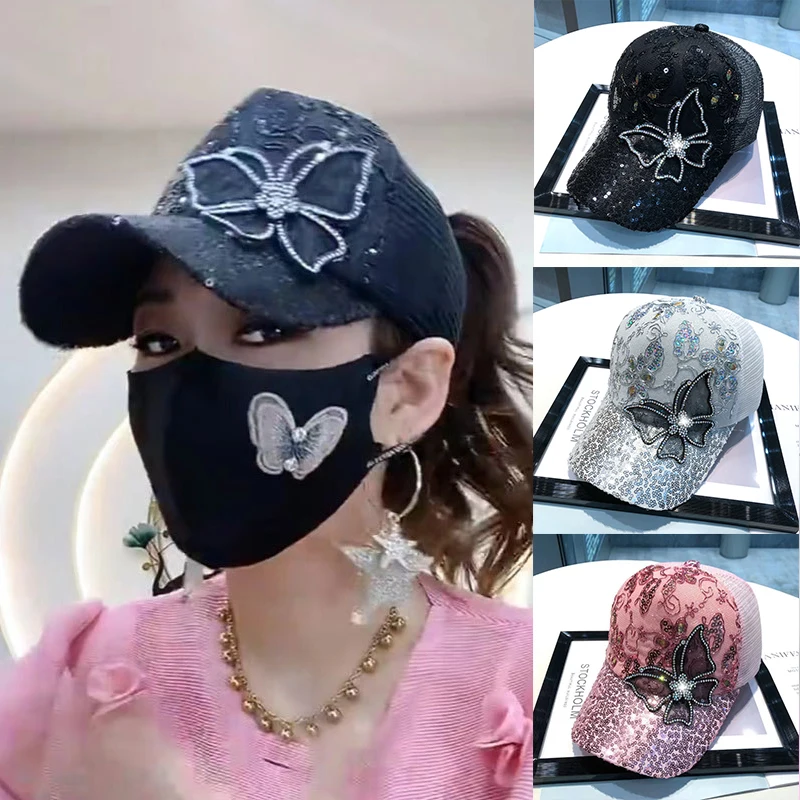 Women Baseball Cap Exquisite Butterfly Sequins Hip Hop Cap Fashion Comfortable Breathable Cap Sun-proof Hat