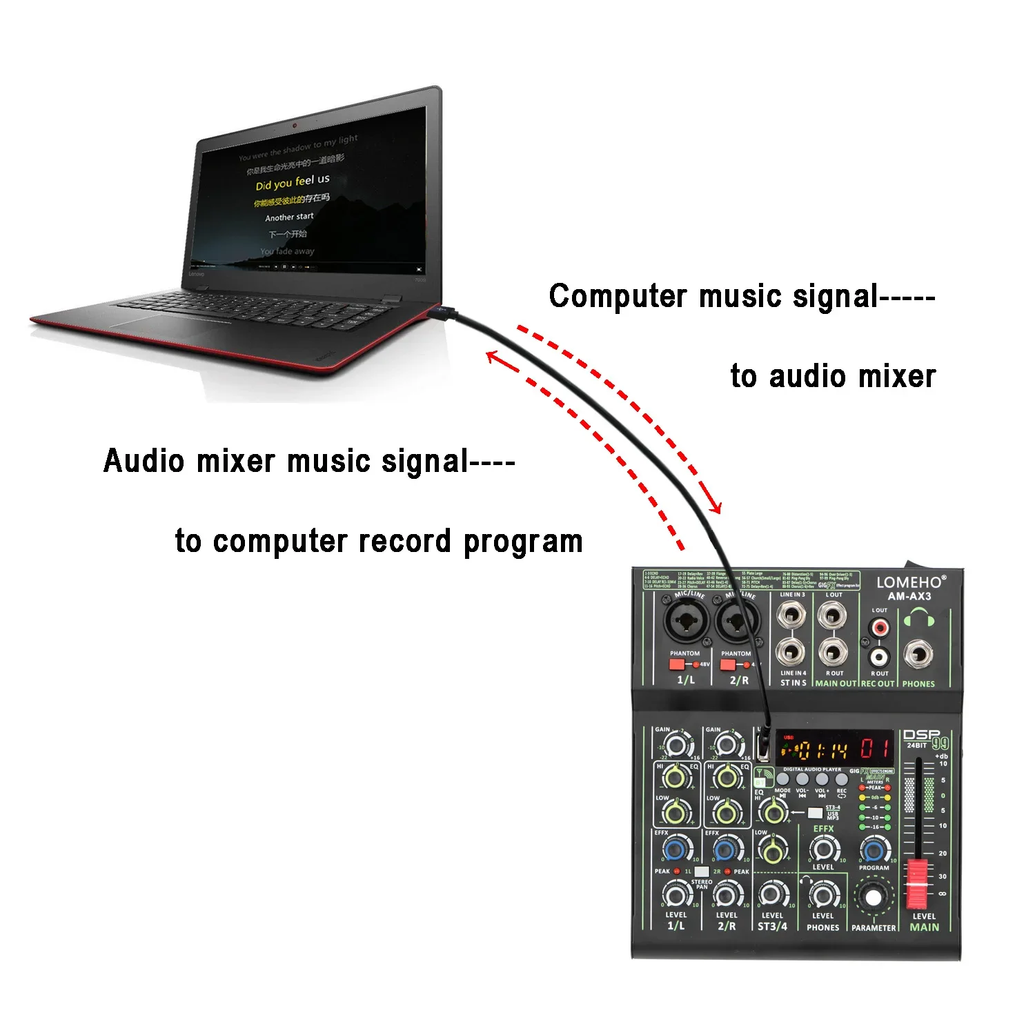 LOMEHO Mixer Audio 4 saluran, Mixer Audio Mini portabel, pencampur suara, konsol DJ, Bluetooth, Rekam putar USB, AM-AX3 daya Phantom 48V Individual